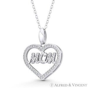 Heart Charm CZ Crystal "Mom" Script Pendant in .925 Sterling Silver w/ Rhodium